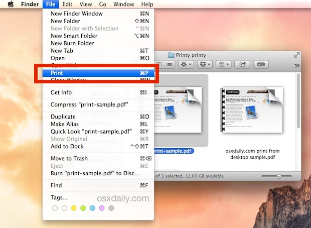 Print a file from the Mac OS X desktop