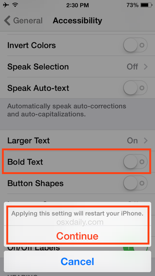 Reboot an iPhone by Bolding the Text
