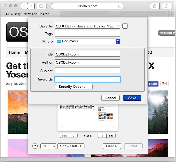 Сохранение в формате PDF одним нажатием клавиши в Mac OS X