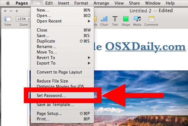 Set a password on iWork file in Mac OS X