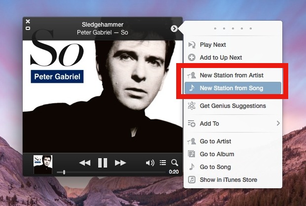 Create a new iTunes Radio station from a song or artist