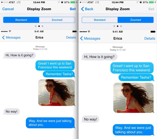 iPhone Zoomed vs Standard display mode for Messages app