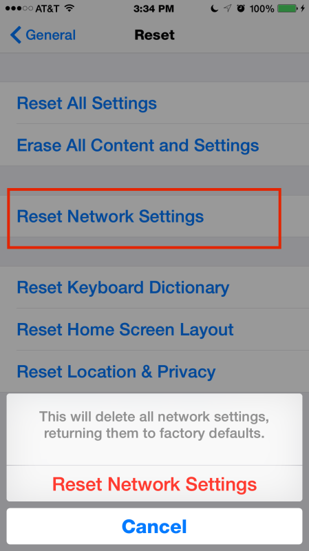 Reset network settings in iOS