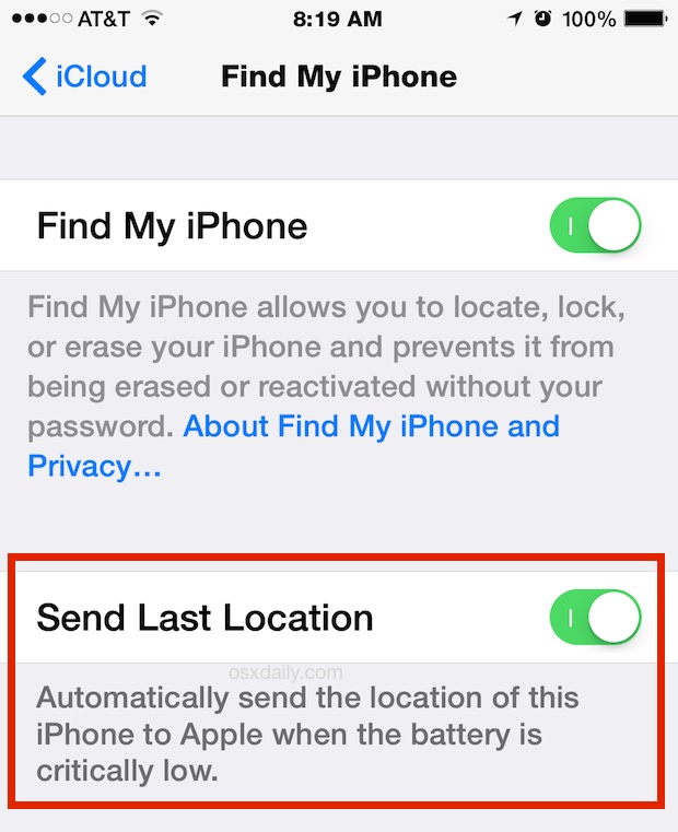 Send Last Location and Find My iPhone setting