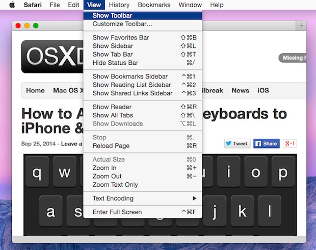 Show the toolbar in Safari to regain a missing Address Bar
