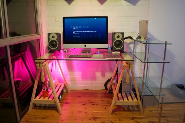 iMac desk setup of a technical director with Hue mood lighting
