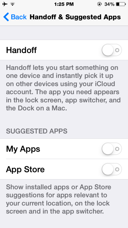 Turn off Handoff and Suggested Apps