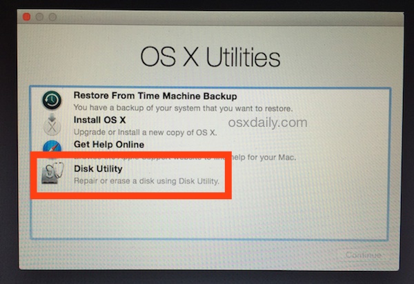 Choose DIsk Utility to format the drive for a clean install of Yosemite
