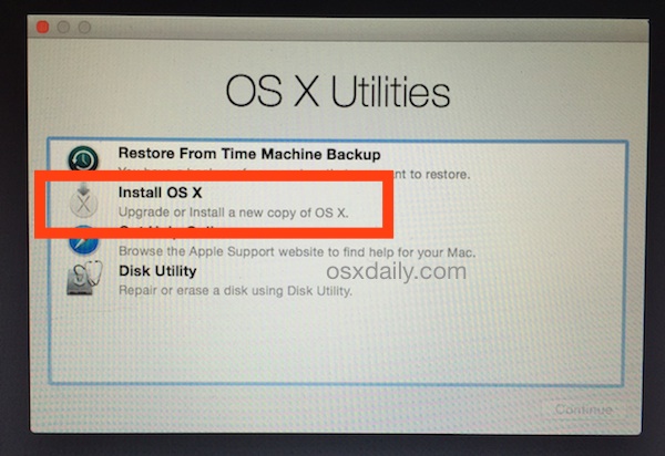Choose install OS X Yosemite to begin a fresh install