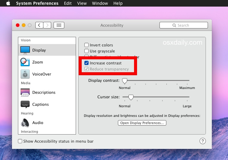 Increase Contrast of user interface elements in OS X Yosemite