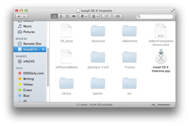 The OS X Yosemite boot installer drive in Mac Finder