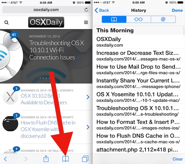 Access browsing history in Safari for iOS