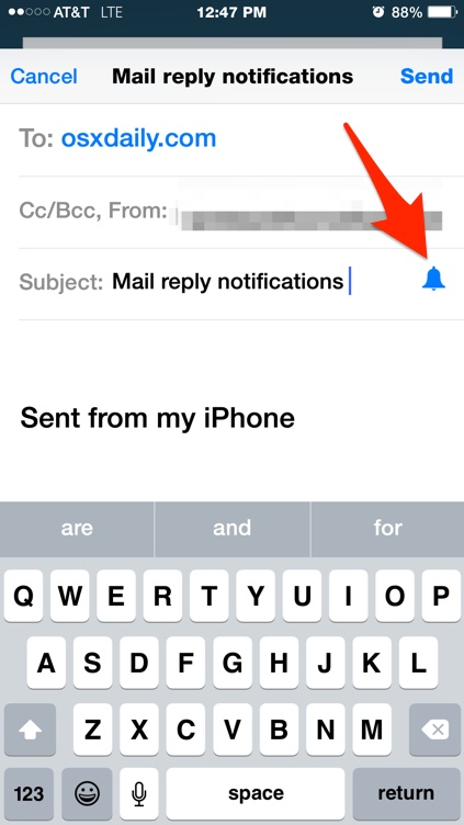Email thread notifications enabled for a specific email message in iOS Mail app