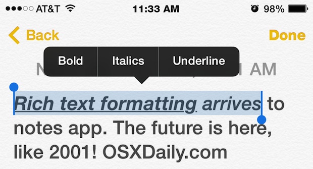 Text formatting in Notes app for iOS