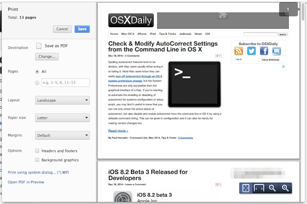 Пользовательское окно печати Chrome в Mac OS X