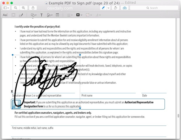 Place the digital signature onto a document in Mac preview app