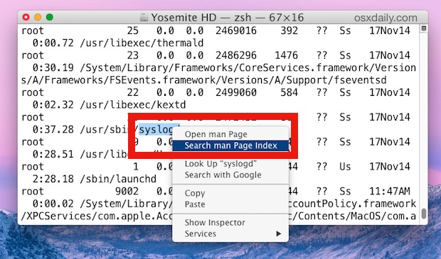 Search man page for matches in the command line of Mac OS X