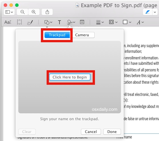 Write your signature with trackpad to sign a document