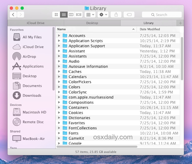 Sample contents of the User Library folder in OS X