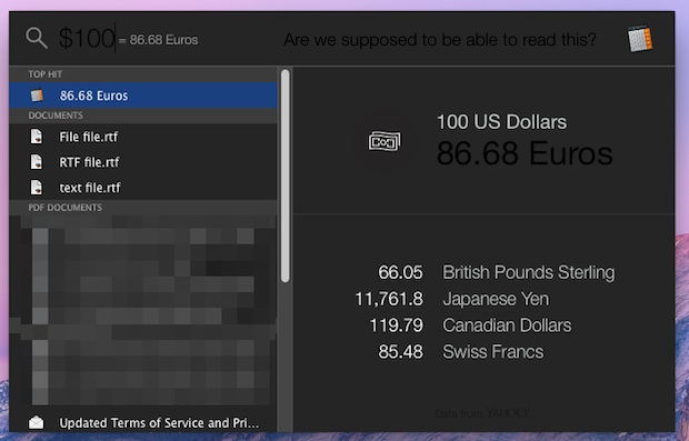 Конвертируйте валюту с помощью Spotlight в OS X Yosemite, ошибка темного режима