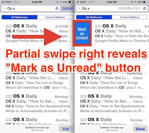 Partial swipe reveals Mark as Unread button in iOS Mail