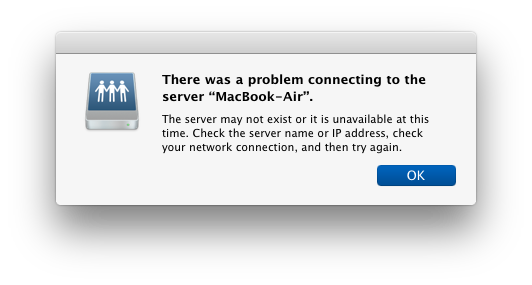 Problem connecting to Mac server, error message in OS X