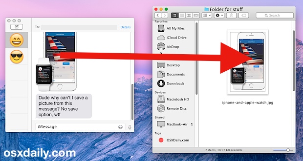 Save a picture from Messages in Mac OS X with a drag and drop trick