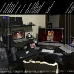 Detailed overlay of hardware in Theatrical Producer Mac desk setup
