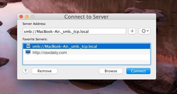 Добавить общий сетевой ресурс или сервер в список избранных серверов в OS X