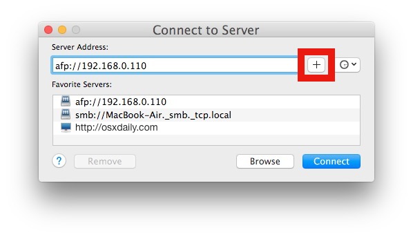 Добавить часто используемый сервер в список избранных серверов в Mac OS X
