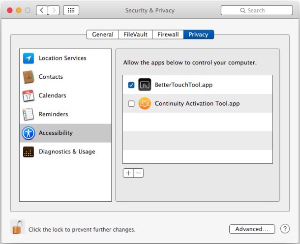 Allow BetterTouchTool access in OS X Preferences
