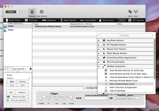BetterTouchTool preferences for changing green button behavior in OS X