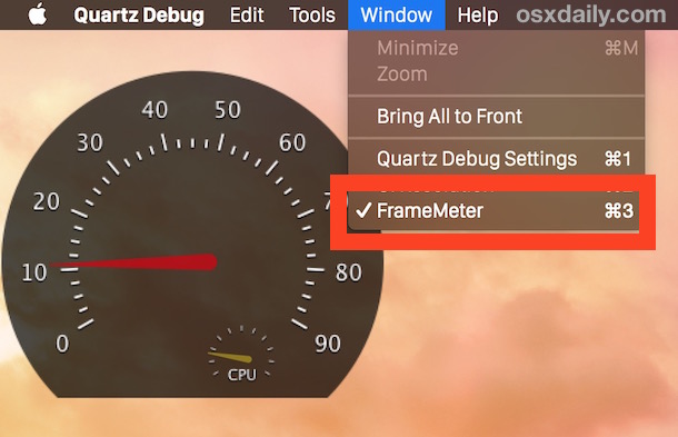 Enable the FrameMeter FPS monitor in Mac OS X Quartz Debug tool