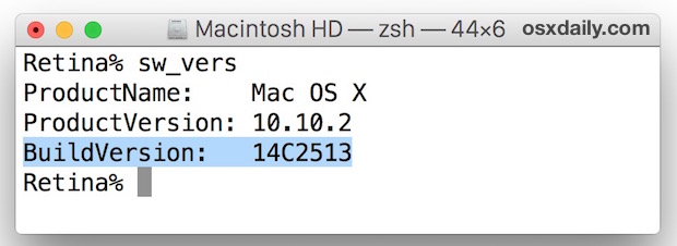Найдите номер сборки Mac OS X из командной строки с помощью sw_vers