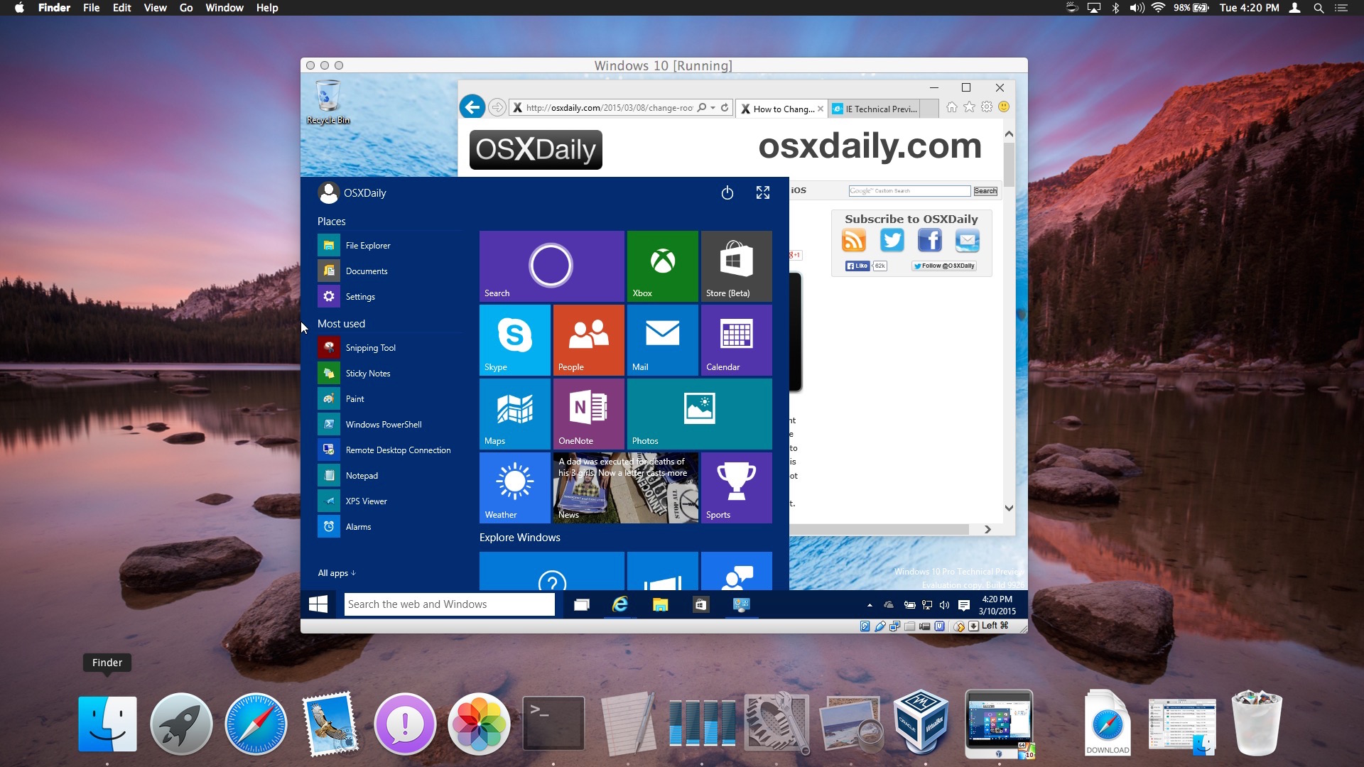 Windows 10 running on Mac OS X