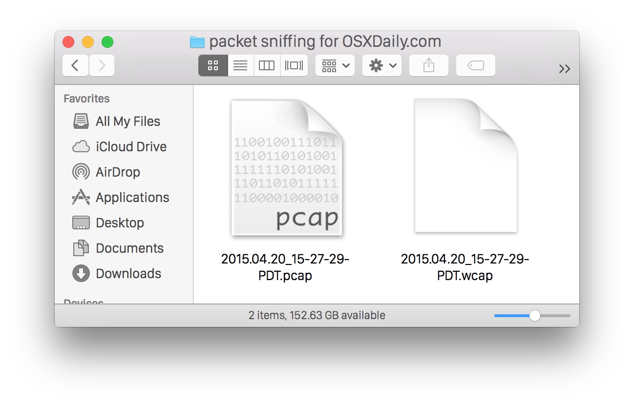 Captured packets WCAP and PCAP files from the Mac OS X packets sniffer