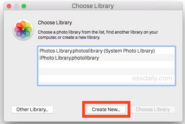Create a new photo library in Photos app for Mac OS X