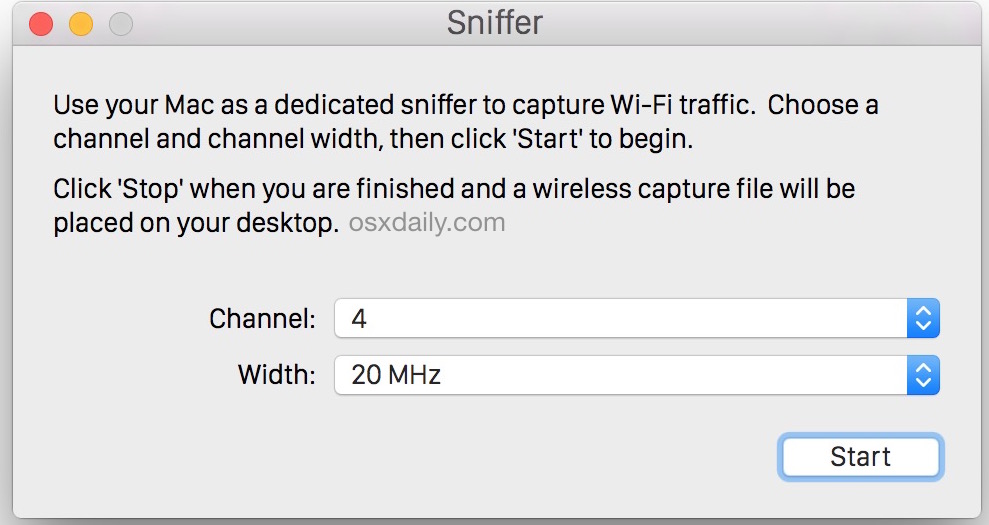 Start packet sniffing on channels to capture packets in Mac OS X