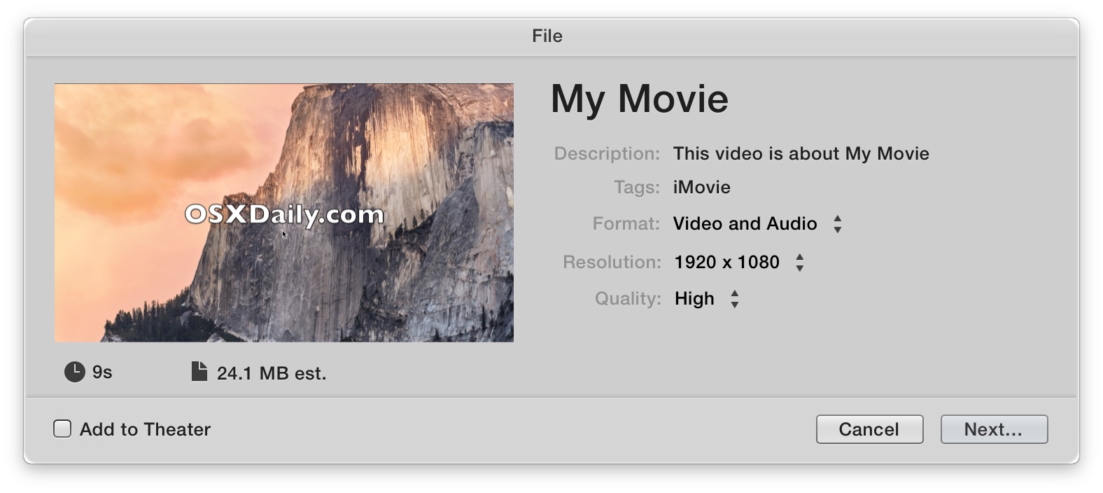 Saving a video with iMovie for Mac OS X is a unique experience of file saving using a Sharing menu