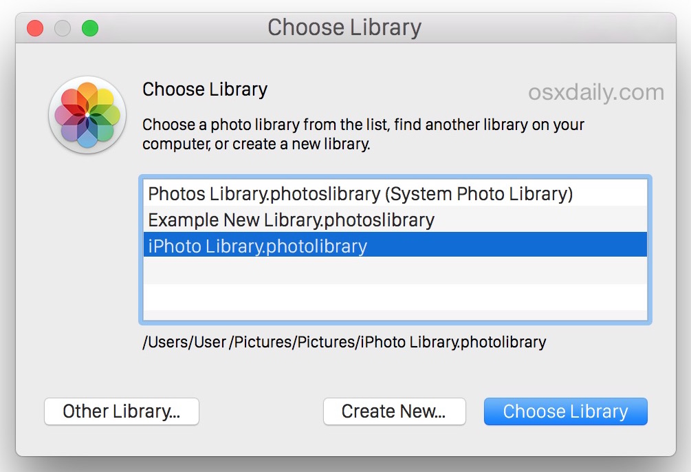Select an iPhoto Library to move it into Photos app of OS X