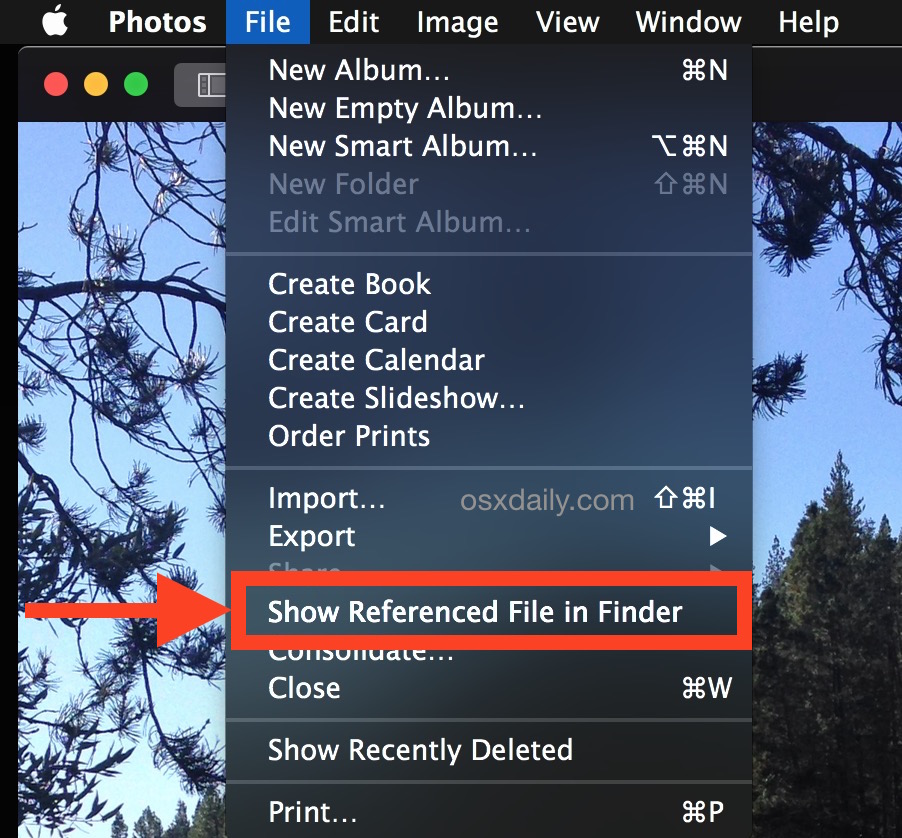 Show In Finder with Show Referenced File in Finder from Photos app for OS X