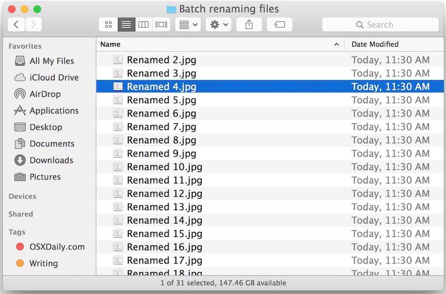 Пакетно переименованные файлы в Mac OS X после запуска через инструмент Finder Rename Item