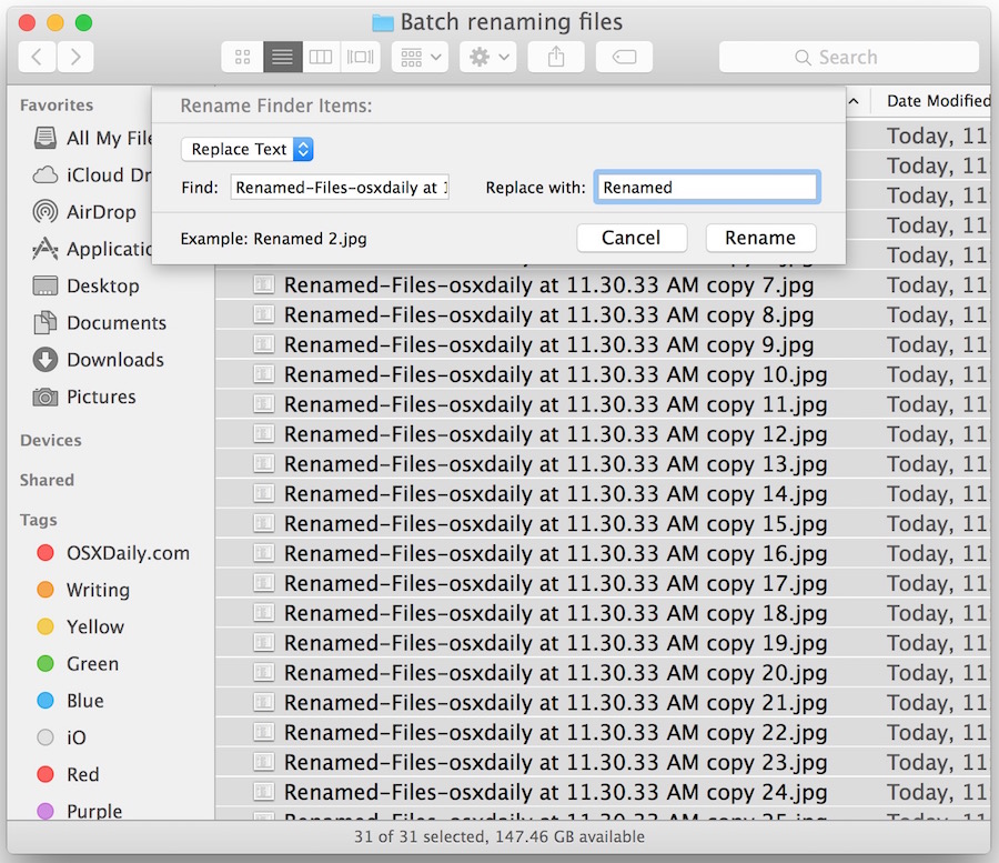 Choose how to rename all selected files in bulk with the batch rename tool of Mac OS X
