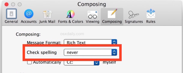Отключить проверку орфографии в приложении Mac Mail в Mac OS X