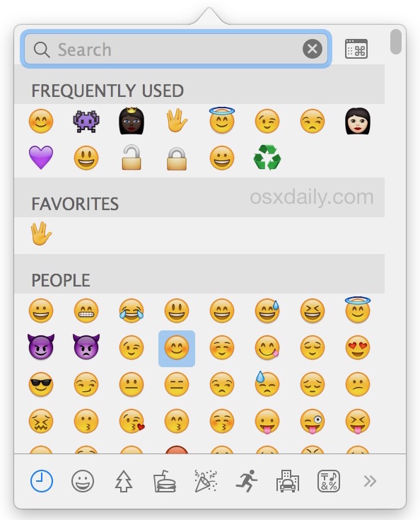 Emoji quick type access panel in Mac OS X accessed by a keyboard shortcut