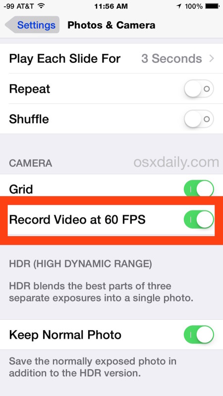 Enable recording video at 60 FPS on iPhone camera