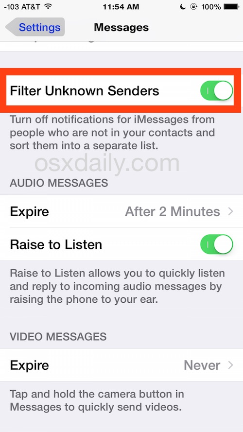 Фильтрация неизвестных отправителей в iOS в другой почтовый ящик приложения «Сообщения»