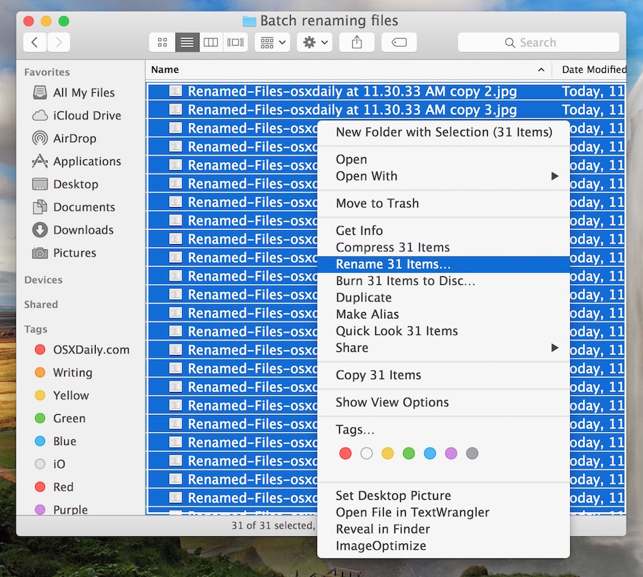 выберите файлы для пакетного переименования в Mac Finder