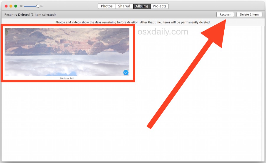 Select a photo to recover and undelete from the Mac Photos app in OS X