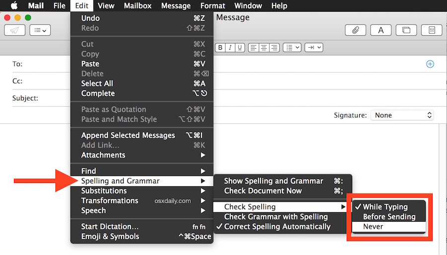 Отключить проверку орфографии в приложении Почта для Mac OS X